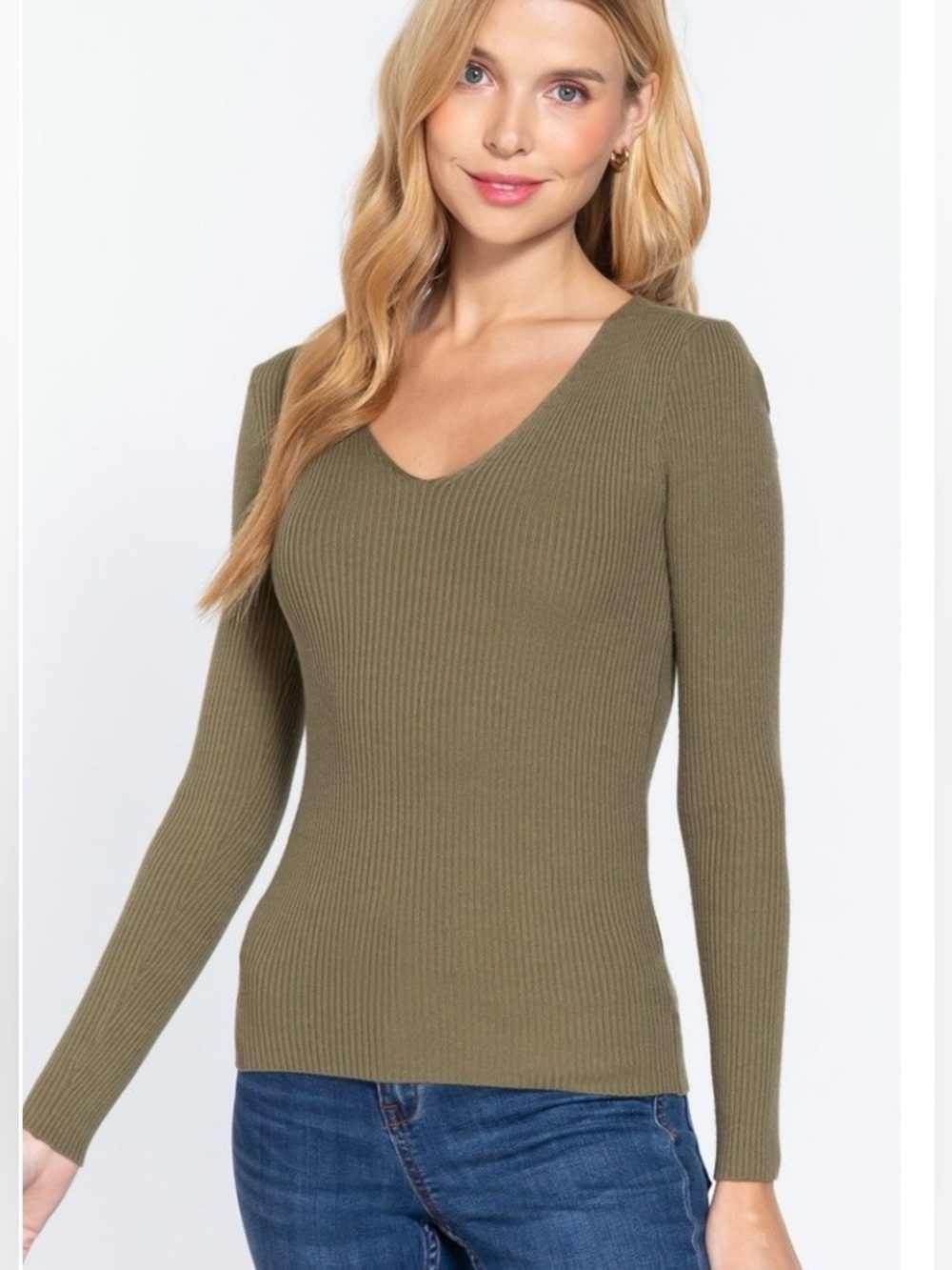 Active USA Olive Green Ribbed V-Neck Knit Sweater Top NWT Medium